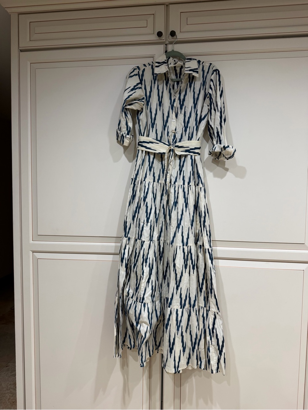 GUADALUPE Meredith Ikat Shirt-Collar Tiered Maxi Dress in Blue Ikat - Picture 5 of 9